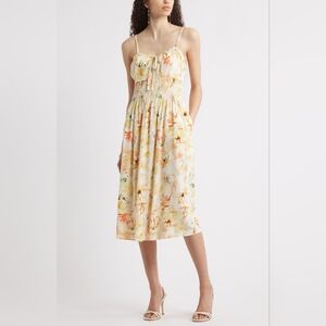 NWT-Chelsea28 Linen Blend Ivory/Yellow Bria Bloom Smocked Waist Midi Dress -Sz L